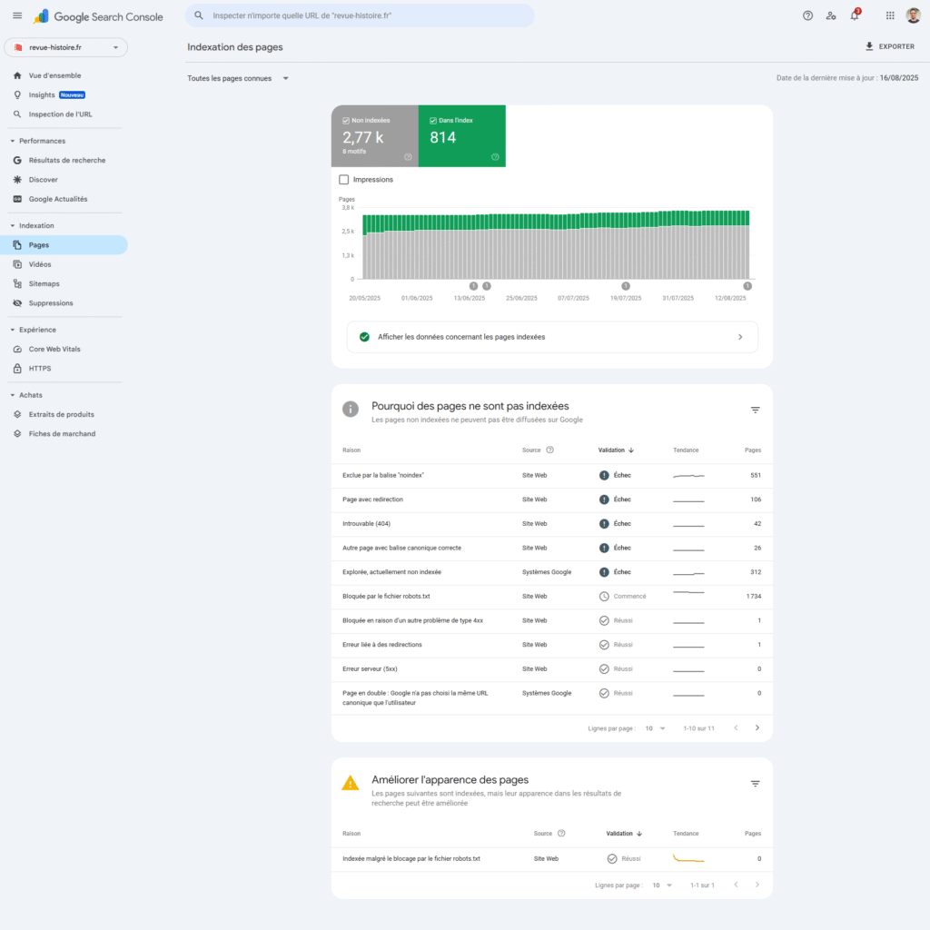 Rapport des pages indexées sur la Google Search Console